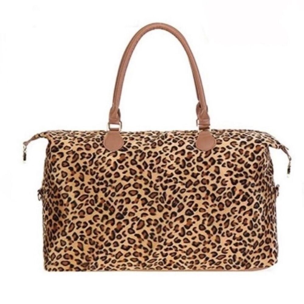 Large Leopard Weekender Tote Duffel Fur Hide Bag For Travel New